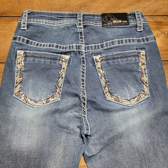 Grace In LA High Waist Denim Jeans w/ Raw Hem Bell Bottoms & Bling - Size 28 - Picture 5 of 10